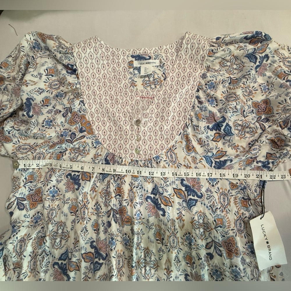 Lucky Brand Puff Dolman Sleeve Boho Floral Midi Dress Ruffle Hem Sz L NWT - Picture 5 of 9